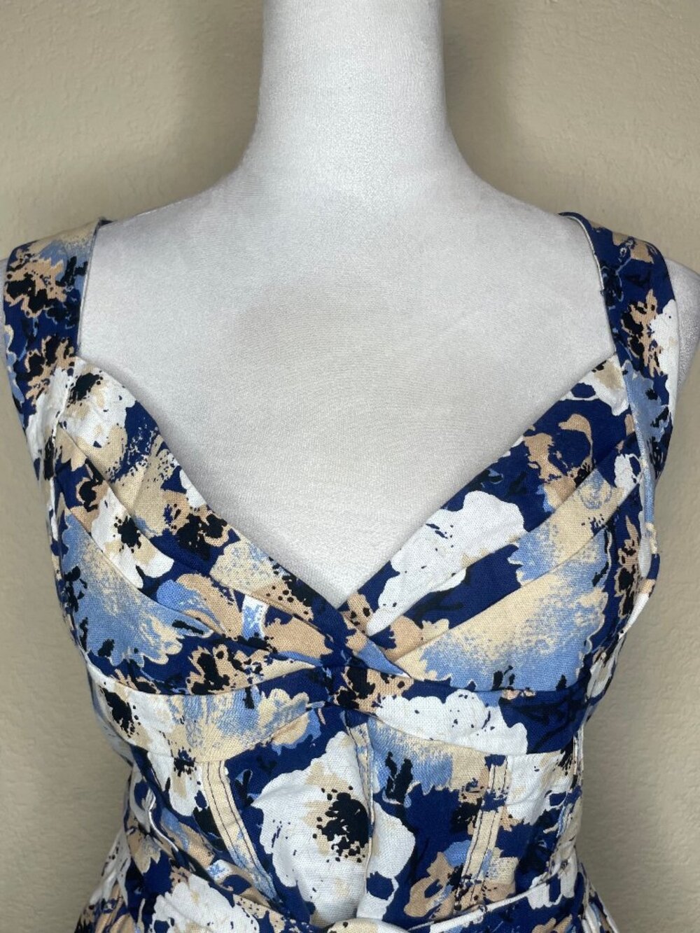 Lulus Navy Floral Linen Bustier Mini Dress XL Belted Cottagecore Sundress - Picture 3 of 12